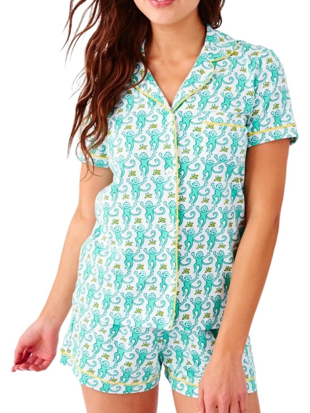 Women's 2-Piece Pajama Set, Button-Down Top with Monkey Bunny Print, Shorts